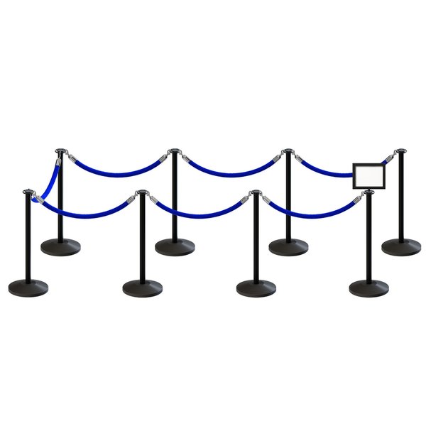 Montour Line Stanchion Post and Rope Kit Black, 8FlatTop 7Blue Rope 8.5x11H Sign C-Kit-7-BK-FL-1-Tapped-1-8511-H-7-PVR-BL-PS